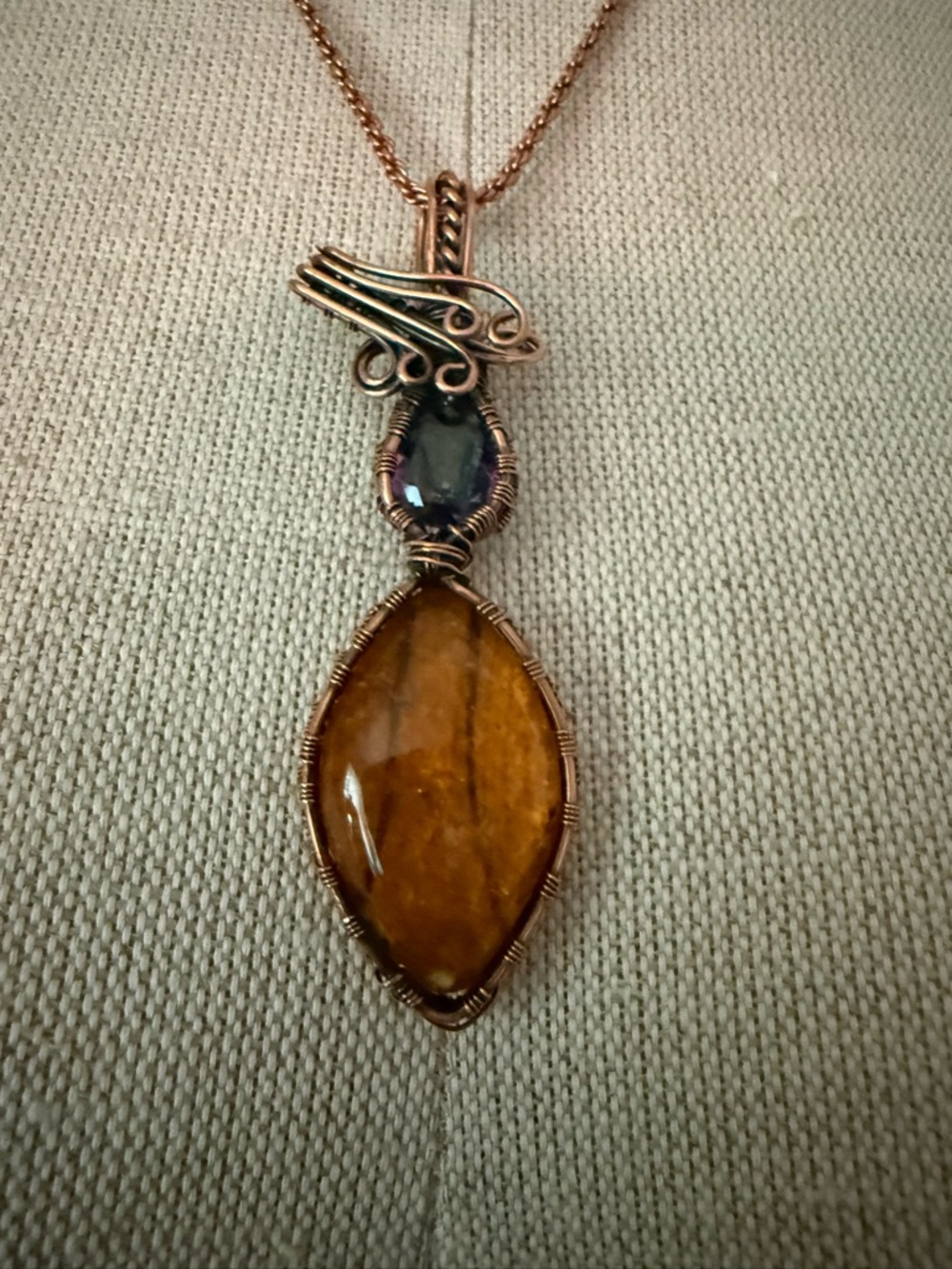 Handcrafted Copper Necklace with Amber Marquise Pendant and Smoky Accent